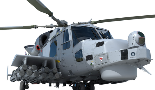 An image of the Thales Lightweight Multi-role Missile (LMM) system mounted on a wildcat helicopter