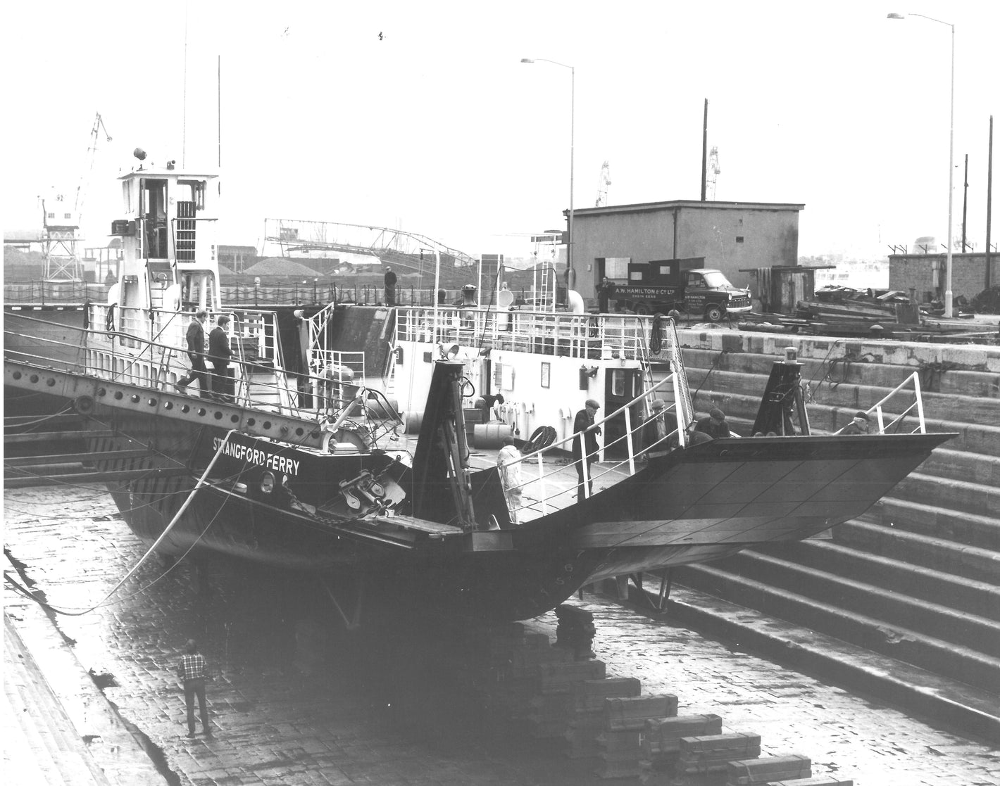 Works are carried out on one of the Strangford ferries in the dry dock