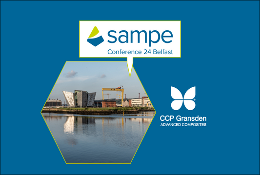 SAMPE Conference 2024 and CCP Gransden Advanced Composites logo beside a picture of the Belfast docks skyline inside a hexagon shape