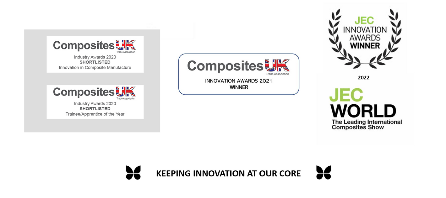 Award badges for CCP Gransden for the Composites UK Industry Awards for Innovation in Composite Manufacture and Trainee/ Apprentice of the Year (Shortlisted for both in 2020) + The Composites UK Innovation Awards (2021 Winner) + The JEC World Innovation Awards (2022 Winner).