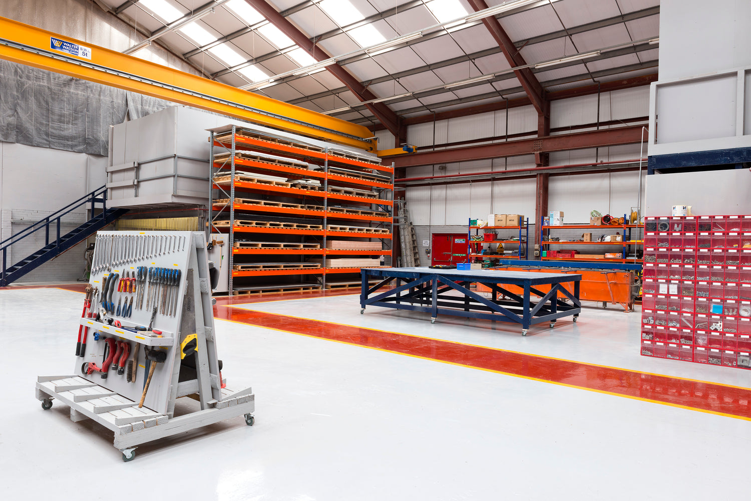 One of CCP Gransden's production spaces with neatly laid out organised tools and a clean clearly marked out floorway.